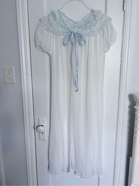 Belinda Vintage 1970s Sheer White Nightgown with Pale Blue Lace Collar